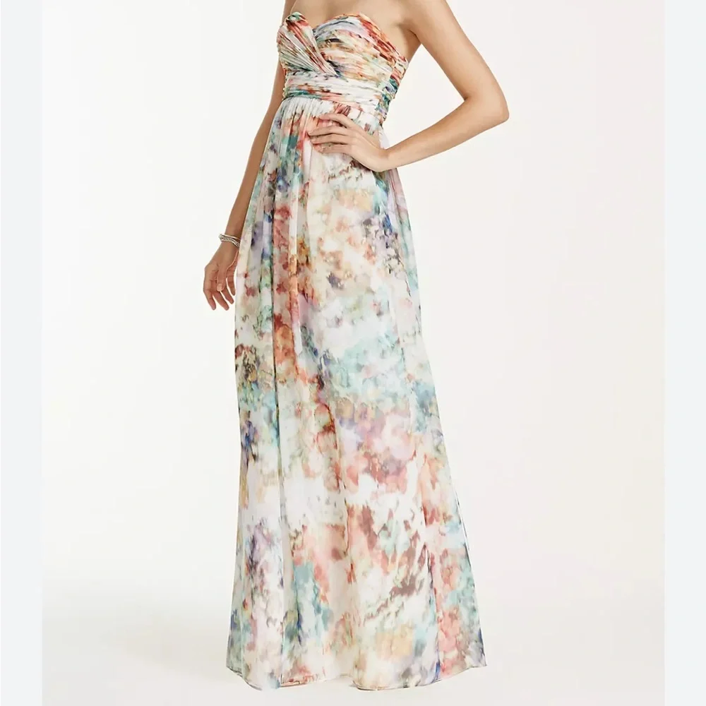 NWT Aidan Mattox Strapless Floral Watercolor chiffon formal Maxi Dress wedding - Picture 1 of 9
